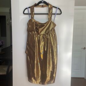 Vera Wang Dress Gold Shimmer Halter Neck Silk